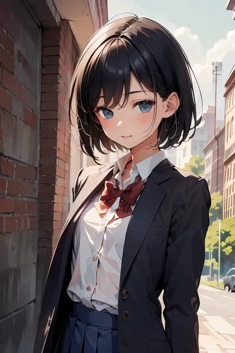 (Top quality illustrations:1.2)、(cute:1.0)、(1 girl:1.0)、(Short black hair:1.0)、(School uniform:1.0)、(Whole Body Ezbian:1.0)、(Ultra-detailed) 、17 years old、(The background is the cityscape:1.1)、If you have headphones、