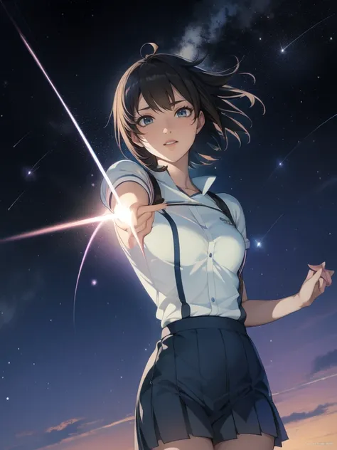 anime drawings inspired by makoto shinkai, a girl throws stars into the dark sky in an arc, shooting stars radiating from the ni...