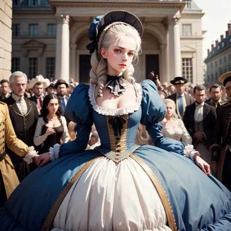 Marie Antoinette before her execution, On the square, crowd of people, guillotine 