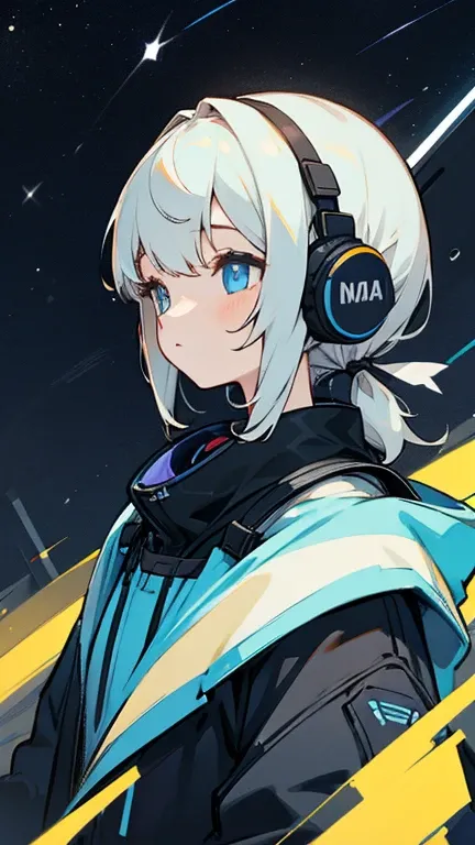 One girl wearing headphones。The background is the night sky。