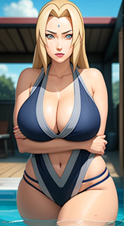 masterpiece, best quality, Super detailed, 1 Girl, Upper Body, 
Long hair, Blonde hair, French braid, blue eyes, Bangs, 
Wearing a bikini,Water droplets on the body while swimming， fashionable,
(Sagging breasts、Cleavage, cleveage、Thick thighs)), Perfect bo...