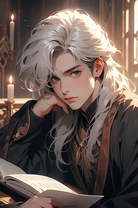 1male, calm, adult, age 35 face, short messy hair with bangs, white hair, royalty, prince, wears black clothing, in a castle, adult face, two hands, sitting at a table with a book, adult face, medieval times, close up,  calm