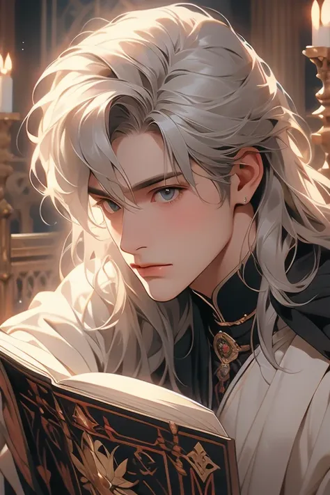 1male, calm, adult, age 35 face, short messy hair with bangs, white hair, royalty, prince, wears black clothing, in a castle, ad...