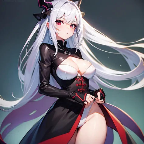 Girl with white hair red eyes and dark gray horns with a dildo