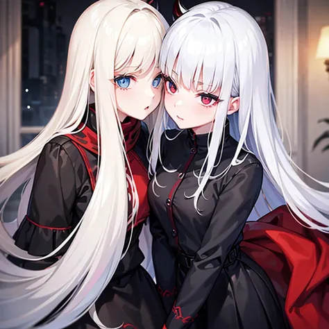 White hair red eyes dark gray horns kissing a girl with blonde hair and blue eyes