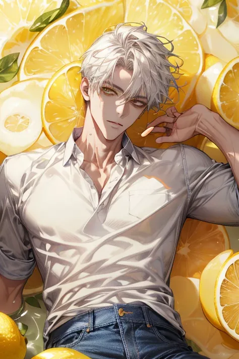 (absurdres, highres, ultra detailed), 1 male, handsome, tall muscular guy, mature, (The lemonade pond is filled with lemon slices),  (A man lying on back comfortably in it), from directly above, (white shirt, jeans), wet, colorful, artistic, depth of field...