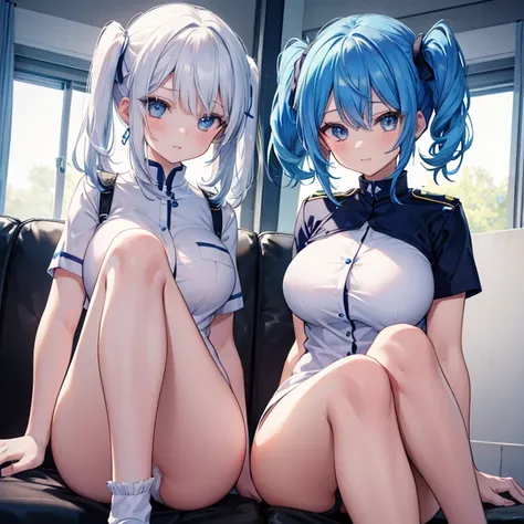 Two Girls, One has blue hair、The other one is in a uniform with white hair.　Short sleeve　　nude　Big Breasts　Footjob　