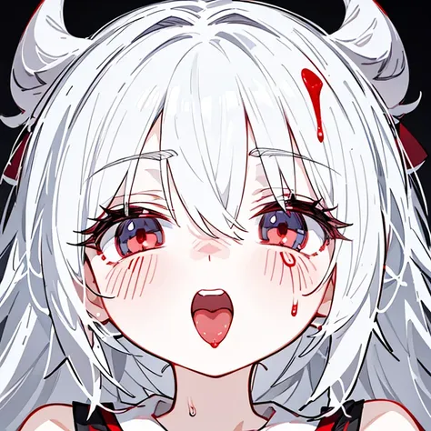 White haired red eyed anime girl with gray horns doing ahegao face