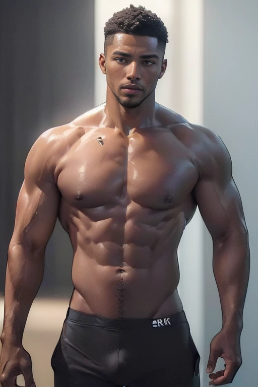 (best quality, 8k, highres, photorealistic:2.0), (solo),(one male:2.0),(black men:1.5),(shirtless black man),(short hair men),(black men hairstyle),(muscular),(looks very young),(clean body),(white mini thong),(Ecstasy with amazing orgasms),