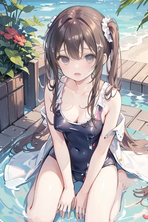 masterpiece, best quality, physically-based rendering, high resolusion, RAW photo, photo realistic,

1 girl, (10years old), Japanese, ((one-piece swimsuit)), brown hair, side tails, flower hair ornament, light blue scrunchie on wrist,

(leaning forward, cl...