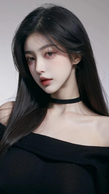 ((best quality)), ((masterpiece)), (detailed), perfect face,huge breasts:1.6, 1 woman, black long straight hair,delicate hair,See below, skin whitening, Black sweater,