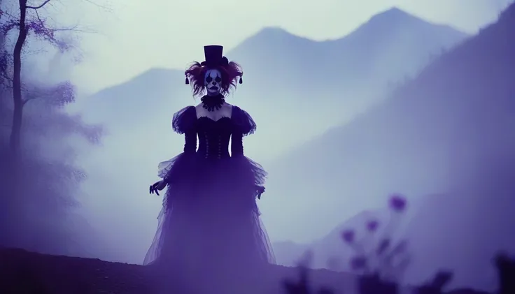 A place with a morbid look that resembles a funeral, (foggy:1.2), silhouetted in soft shadow (full body photograph:1.2) (Purple Mountain Majesty clown outfit:1.3) (beautiful supermodel:1.1) hands behind her back detailed background bokeh