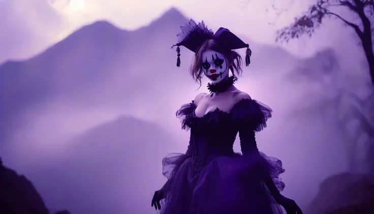 A place with a morbid look that resembles a funeral, (foggy:1.2), silhouetted in soft shadow (full body photograph:1.2) (Purple Mountain Majesty clown outfit:1.3) (beautiful supermodel:1.1) hands behind her back detailed background bokeh