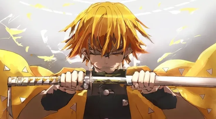 anime character with yellow hair holding a sword in front of a yellow background, badass anime 8 k, demon slayer rui fanart, demon slayer artstyle, orange - haired anime boy, key anime art, handsome guy in demon slayer art, best anime 4k konachan wallpaper...