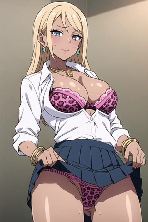 masterpiece, best quality, 1girl, solo, breasts, cleavage, blonde hair, long hair, parted bangs, blue eyes, looking at viewer, sweat, large breasts, (dark skin:1.3), white collared shirt, pleated skirt, flashy gyaru, happy, showy,too many accessories, colo...