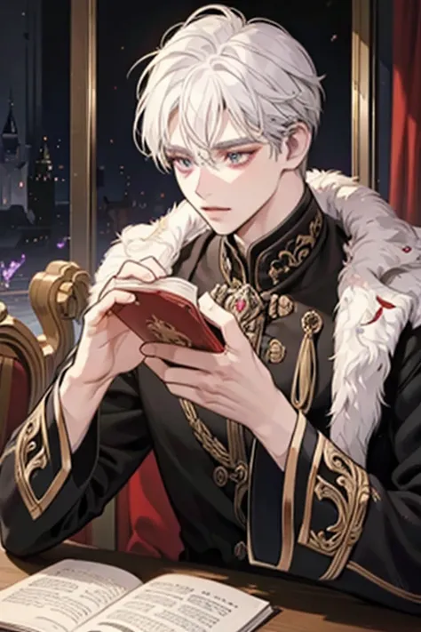 1male, calm, adult, age 35 face, short messy with bangs, white hair, amethyst colored eyes, royalty, prince, wears black clothing, in a castle, adult face, medieval times, close up, sitting at a table with a book, two hands, calm