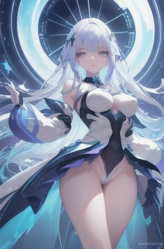 (highres:1.2,ultra-detailed,photorealistic) A girl in a white leotard wearing a mini skirt stands upright in a magical cyber setting. She exudes an aura of enchantment, with her graceful demeanor and captivating gaze. Her white leotard fits perfectly, acce...