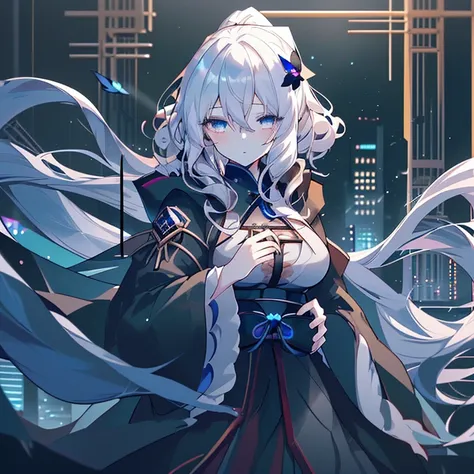 (highest quality，Super detailed，High resolution，)anime，animeの女の子，White Hair，Long Hair，ponytail，curly hair，Cinema Lighting，Sharp Eyes，Dressed in a black robe，Hold your breath，Take to the Darkness，Assassin，City of night，Blue butterfly fluttering