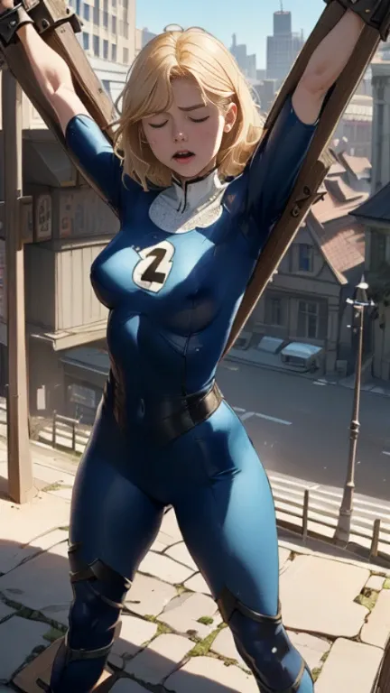 (Highly quality, masterpiece, detailed), city detailed scenario, city detailed background, (x shaped pasting stand), (hands up, spread hands, in stocks pose:1.4), 1girl, Susan Storm, blue eyes, blonde hair, full body blue bodysuit, sleeves, perfect face, b...