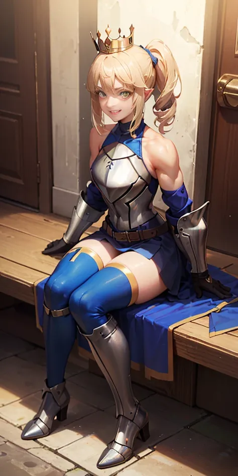 Lancer Artoria, elegant adult female, blonde, green eyes, (yellow eyelashes), crown, turtleneck, full body sitting on a bench showing ass to me, BLUE breastplate, BLUE skin (1girl)(BLUE skin:1.2), looking at viewer, shiny, armor, thigh highs, high boots, p...