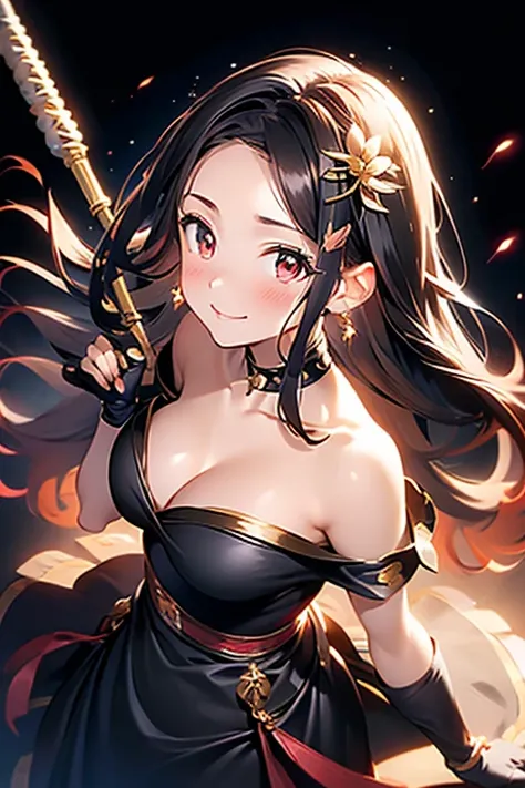 yor briar, anime style beutiful woman, 1girl,full body, happy, smile, red face, closed mouth, beautiful detailed eyes, super detailed skin, backlighting, bare shoulders, black background, black dress, black gloves, black hair, breasts, dress, earrings, fin...