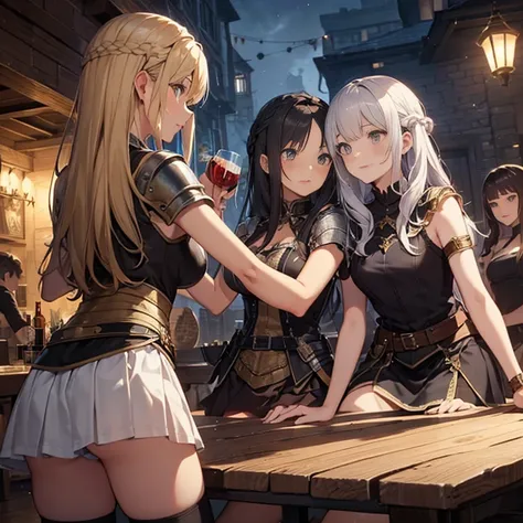 A group of  female medieval fantasy adventurers, (in tavern), various hair styles, harem, night, details face, short skirt, seducing, sleeveless, armor