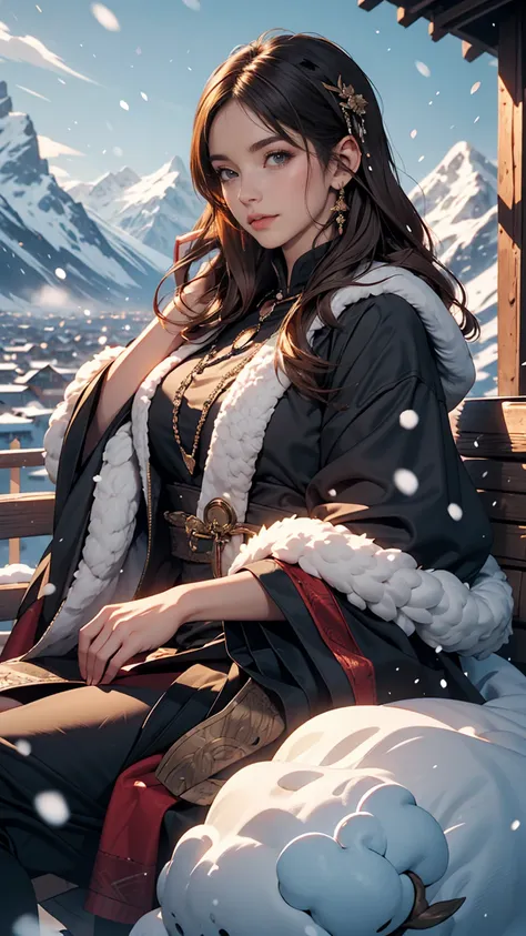 ((masterpiece)),highest quality, figure, dark, One girl, In the wilderness,A tall mountain,Snow-capped mountains visible in the distance々, city, Beautiful fine details,  Beautiful detailed hair,