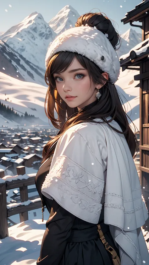 ((masterpiece)),highest quality, figure, dark, One girl, In the wilderness,A tall mountain,Snow-capped mountains visible in the distance々, city, Beautiful fine details,  Beautiful detailed hair,