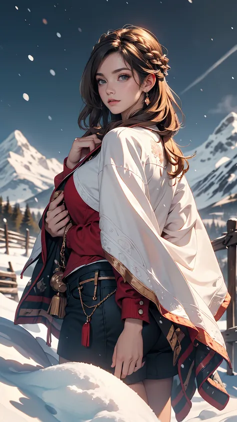 ((masterpiece)),highest quality, figure, dark, One girl, In the wilderness,A tall mountain,Snow-capped mountains visible in the distance々, city, Beautiful fine details,  Beautiful detailed hair,