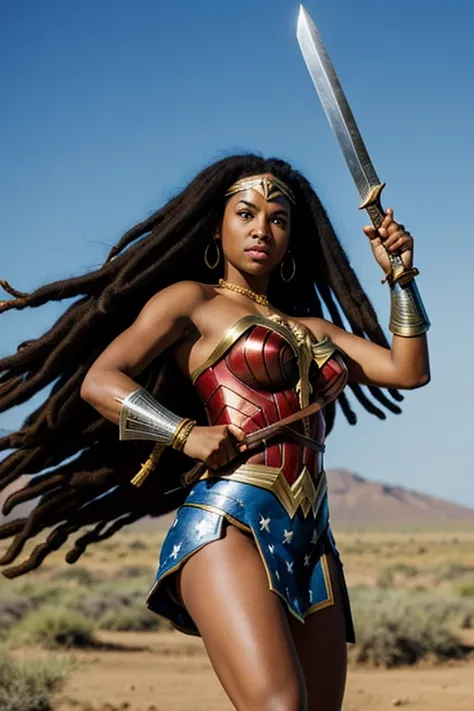 (african american), wonder woman, tiara, 1, woman, holding a sword, battle pose, blue sky background, (dreadlocks), black hair, brown eyes.