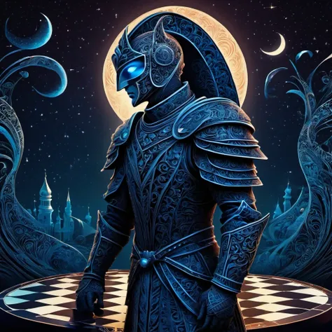 (best quality, highres, ultra sharp), magical chess Swordsman Standing , about the curvature of space time, in a dark night, art deco, zentangle, 3d crunch, cinematic