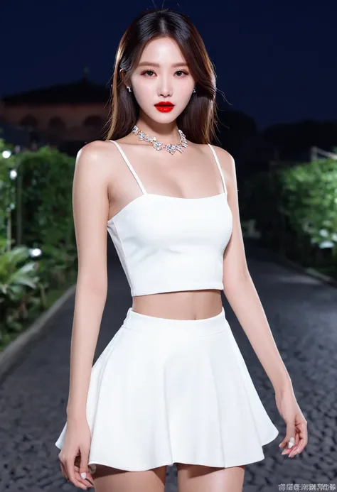 ((Realistic light、Highest quality、8K、Masterpiece:1.3))、Clear focus:1.2、1 Korean girl enters、Flawless beauty:、Slim tummy:1.1、Makeup and hair done by the artist  professional  ((Dark brown hair, long smooth hair ))、Beautiful chest-shaped lips.  Apply light r...