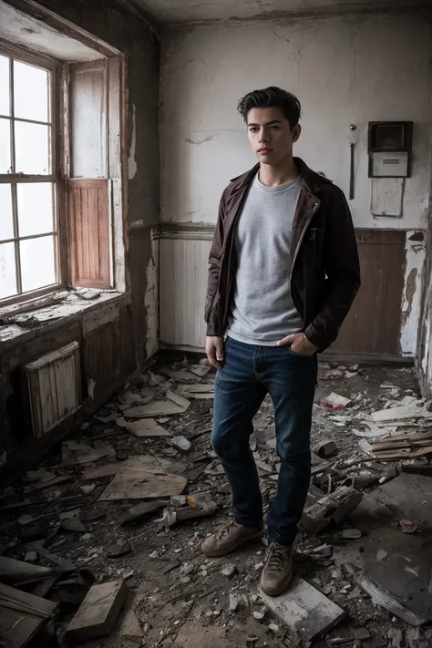 8k uhd, dslr, high quality , RAW photo, Amateur Photography Fujifilm XT3, Canon R5, Handsome Men, Inside Abandoned house