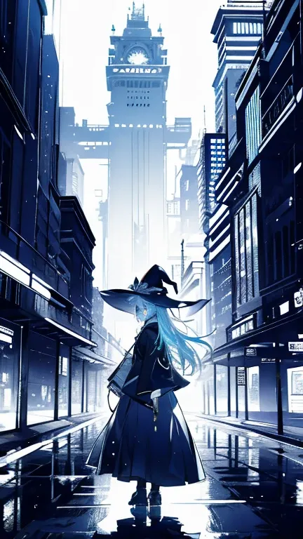 witch appearing suddenly in a bustling modern city street. bright neon lights reflecting on her confused face. anime style. --ar...