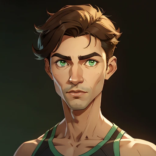 jon, a young guy in his 30s with asymmetric very short brown hair, green eyes, a flat nose, smooth skin, slim athletic body, ((portrait))