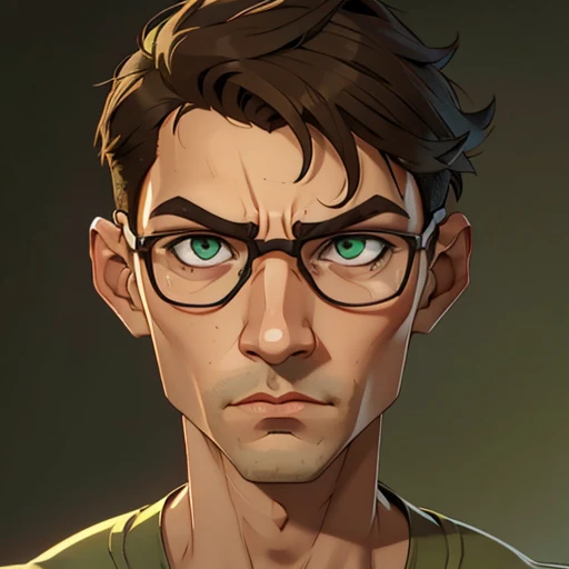 jon, a young guy in his 30s with asymmetric very short brown hair, green eyes with brown specs, a flat nose, smooth skin, slim athletic body, ((portrait)), scowling, different perspectives