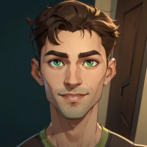 jon, a young guy in his 30s with asymmetric very short brown hair, green eyes, a flat nose, smooth skin, slim athletic body, ((portrait)), grinning, different perspectives