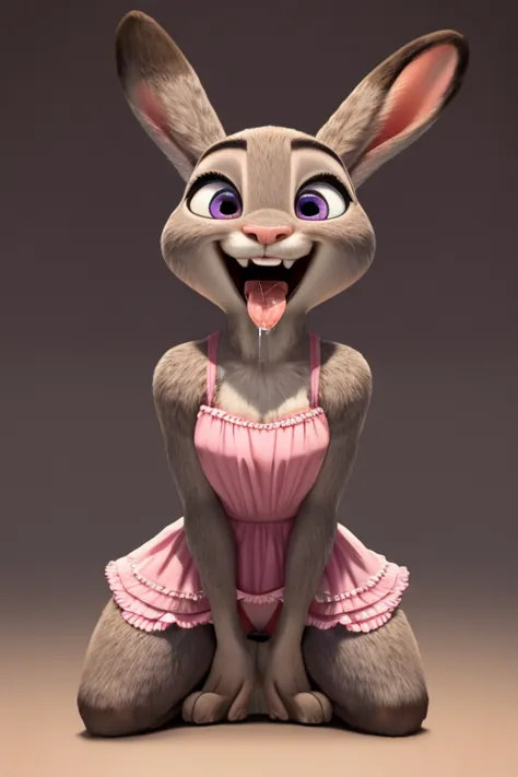 judy hopps, kneeling down raised up, facing a bit off center, (short frilly dress, showing panties), (open mouth, tongue stickin...