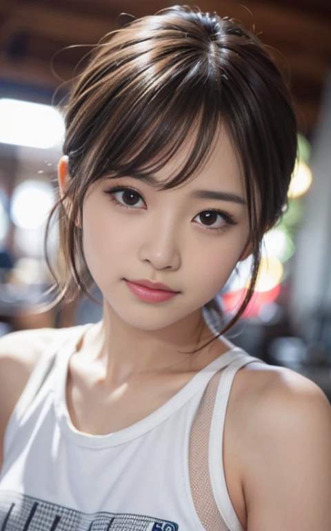 Cute 21 year old Japanese、university student、Sportswear、Highly detailed face、eye、double eyelid、Beautiful thin nose、Sharp focus:1.2、beauty:1.4、(Light brown hair、short hair、),Pure white skin、、Slender body、highest quality、masterpiece、Ultra-high resolution、(Ph...