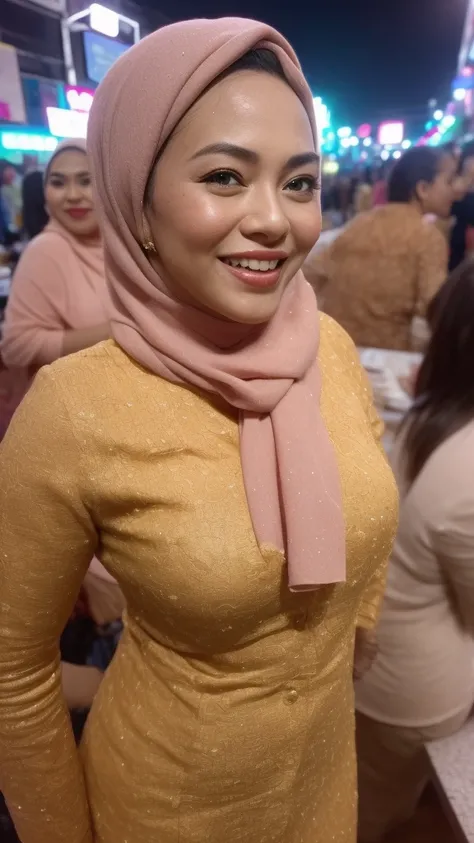 Malay girl, medium white hair, bouncy curls haircut, (wear kebaya nyonya), ( laughing and posing with hand on hip, wear handbag, from back view, windy, detail skin, age spot, detail skin texture, mole below eyes, small breast, flat chest, wide hips, small ...