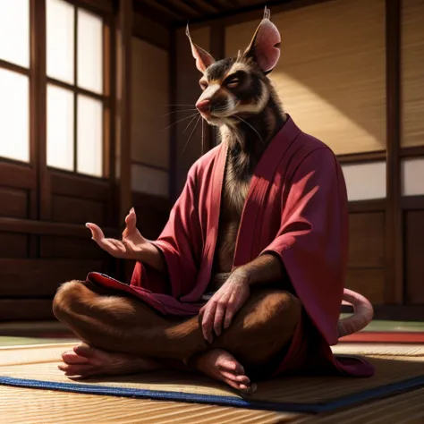 low-angle view,
standing, dojo, japanese temple, inside, clothed, kimono, red kimono, rat tail, goatee, brown body, white fur, black fur, bandages, safe,
(master splinter:1.2), meditating, crossed legs, cum  on feet:1.50, sitting, closed eyes, solo, topwea...