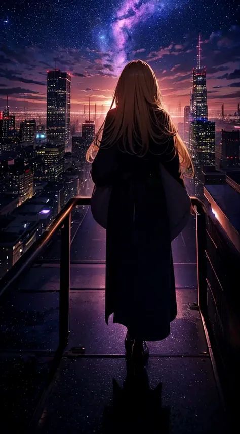 １people々々々々々々,Blonde long-haired woman，Long coat， Dress Silhouette， Rear View，Space Sky, comet, Anime Style, City night view from the rooftop，