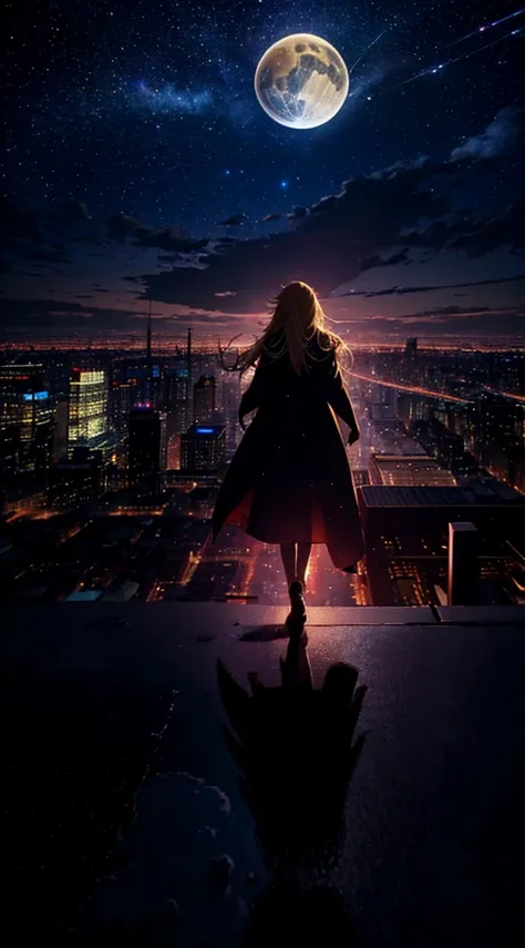 １people々々々々々々,Blonde long-haired woman，Long coat， Dress Silhouette， Rear View，Space Sky, comet, Anime Style, City night view from the rooftop，