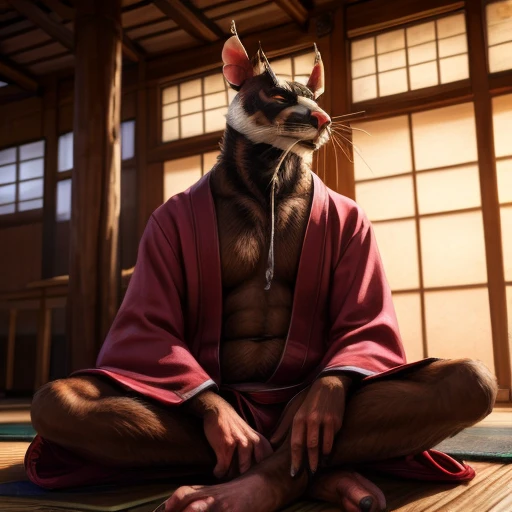 low-angle view,
standing, dojo, japanese temple, inside, clothed, kimono, red kimono, rat tail, goatee, brown body, white fur, b...