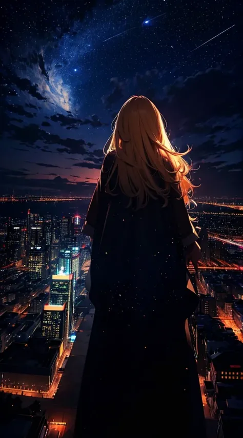 １people々々々々々々,Blonde long-haired woman，Long coat， Dress Silhouette， Rear View，Space Sky, comet, Anime Style, City night view from the rooftop，