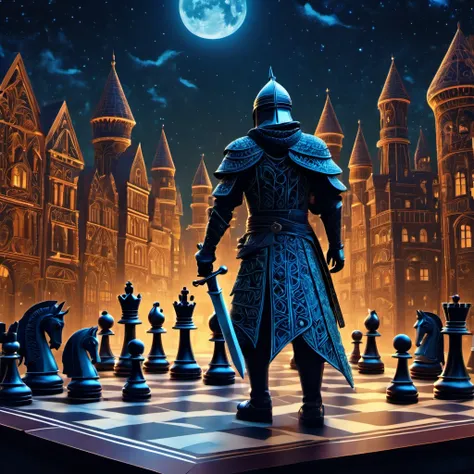 (best quality, highres, ultra sharp), magical chess swordsman standing , about the curvature of space time, in a dark night, art...