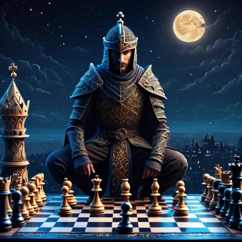 (best quality, highres, ultra sharp), magical chess swordsman standing , about the curvature of space time, in a dark night, art...