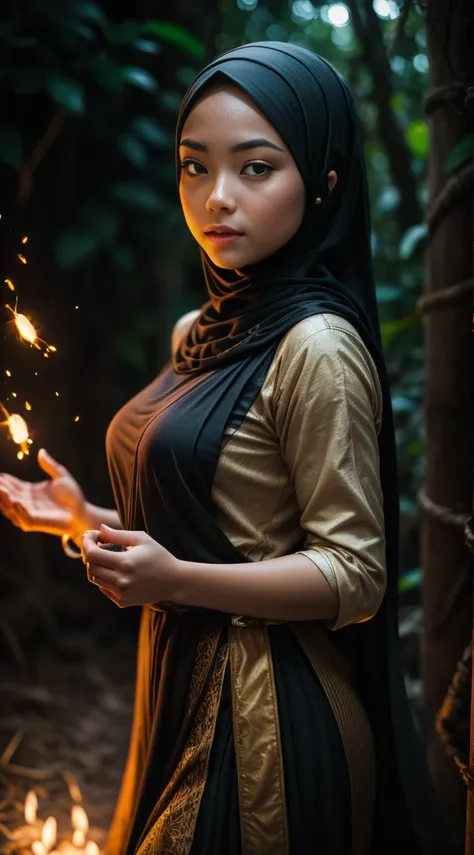 imagine a serene moonlit night in a dense malay jungle where a girl in hijab practices traditional martial arts surrounded by my...