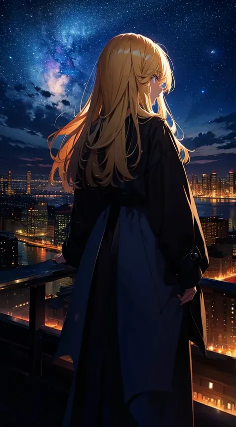 １people々々々々々々,Blonde long-haired woman，Long coat， Dress Silhouette， Rear View，Space Sky, comet, Anime Style, City night view from the rooftop，