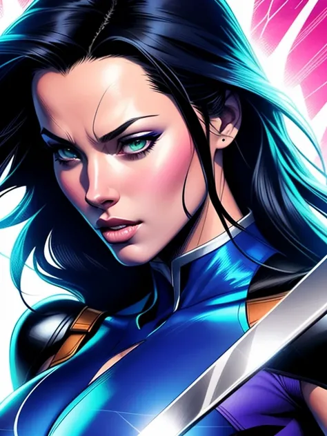 ((digital drawing)),((4k)),((JIM EIDOMODE)), a close-up of a woman in a blue suit holding a knife, Psylocke, Kate Bishop, nico robin, in digital illustration style, bright digital painting, comic digital art, in a mixed æon flow style, 90s comic character ...